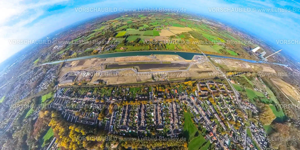 Bergkamen221020025_AquaCity | Luftbild, Wasserstadt Aden, Baugebiet für geplantes Stadtquartier, Aquastadt, Datteln-Hamm-Kanal, Fisheye Aufnahme, Fischaugen Aufnahme, 360 Grad Aufnahme, Oberaden, Bergkamen, Ruhrgebiet, Nordrhein-Westfalen, Deutschland