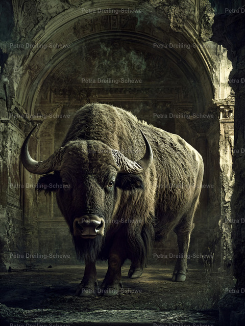Majestic Bison | A small combination of shadow and strength. This rolled poster brings a monumental, moody bison into an ancient, weathered hall—heavy texture, deep greens and earthen tones that feel lived-in rather than staged. It hangs quietly bold above a leather sofa, in a study lined with books, or leaning against a mantel to add an old-world, slightly mythic presence. The museum-quality Giclée or photo papers keep the rich contrasts and subtle details intact: choose Fine Art for painterly texture, Semi-Glossy for sharp color pop, or Matte for a softer, low-reflective finish. Multiple sizes and orientations let you place this piece in narrow entryways or a wide gallery wall. Each poster ships rolled for safe transit and unrolls ready to frame or display as-is for a brooding, contemplative touch.This piece belongs to the "Silent Kingdom Collection" - Realisiert mit Pictrs.com