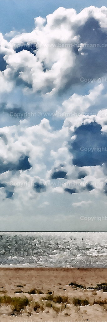 PDM2_7253ct_Wyk-Suedstrand_40x120 | DIGITALKUNST. Sommerlicht am Nordseestrand von Wyk auf der nordfriesischen Insel Föhr. Gegenlicht -Stimmung, glitzerndes Wasser, Wolkenhimmel. __ Formatvariation - Seitenverhältnis = 1 zu 3 - Realisiert mit Pictrs.com
