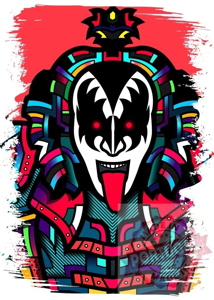 Gene Simmons from Kiss as The Demon colorful illustration | Gene Simmons, The Demon from Kiss, appearing in a vibrant pop art style illustration - Realized with Pictrs.com