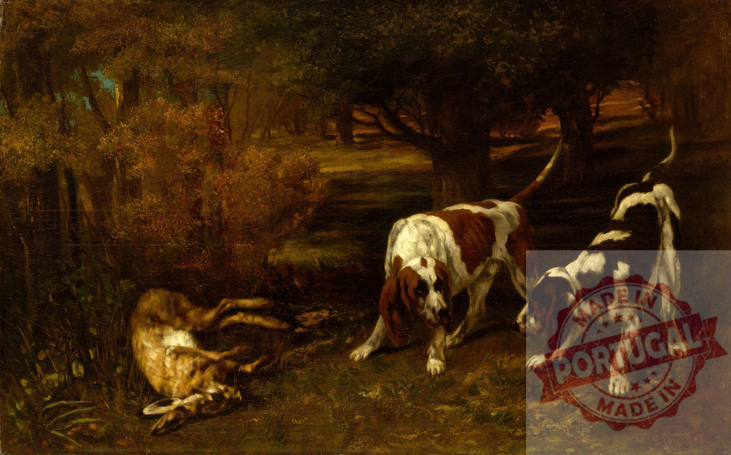 Gustave Courbet Hunting hounds discovering dead deer by Gustave Courbet | Two hunting dogs finding a dead deer in a forest, depicting a hunting scene - Realisiert mit Pictrs.com