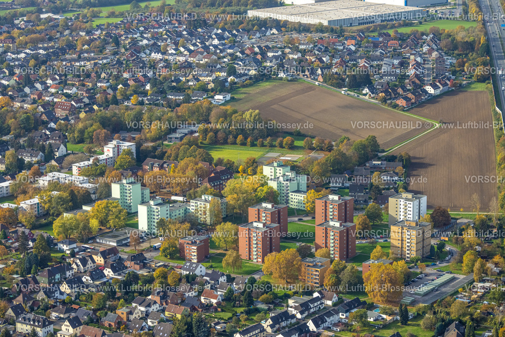 Kamen221012783 | Luftbild, Hochhaussiedlung Blumenstraße, Herbstfarben, Kamen, Ruhrgebiet, Nordrhein-Westfalen, Deutschland
