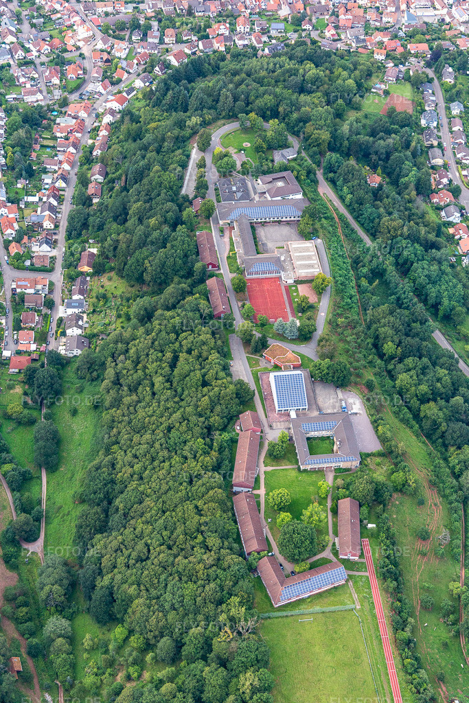 Luftbild: Schulgebäude und Sportplatz des evangelischen Trifels-Gymnasium in Annweiler am Trifels im Bundesland Rheinland-Pfalz in Deutschland. Foto: IMG_128477.jpg vom 21.08.2021 durch Werner Riehm/FLY-FOTO.de