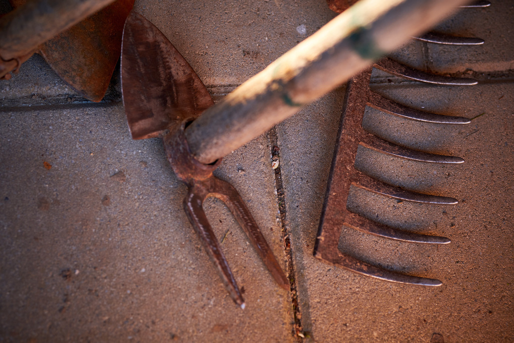 Rostige Gartengeräte im Schuppen | Austria - April 25, 2020: Impressionen aus dem Hausgarten; Rostige Gartengeräte im Schuppen. - Realisiert mit Pictrs.com