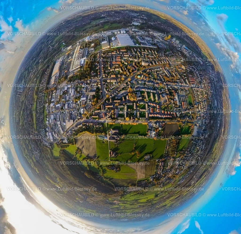 Hamm231190065LangestrasseWesten-topaz | Luftbild, Ortsansicht Wohngebiet Langestraße, Hafen Industriegebiet Erdkugel, Fisheye Aufnahme, Fischaugen Aufnahme, 360 Grad Aufnahme, tiny world, little planet, fisheye Bild, Stadtbezirk Herringen, Hamm, Ruhrgebiet, Nordrhein-Westfalen, Deutschland