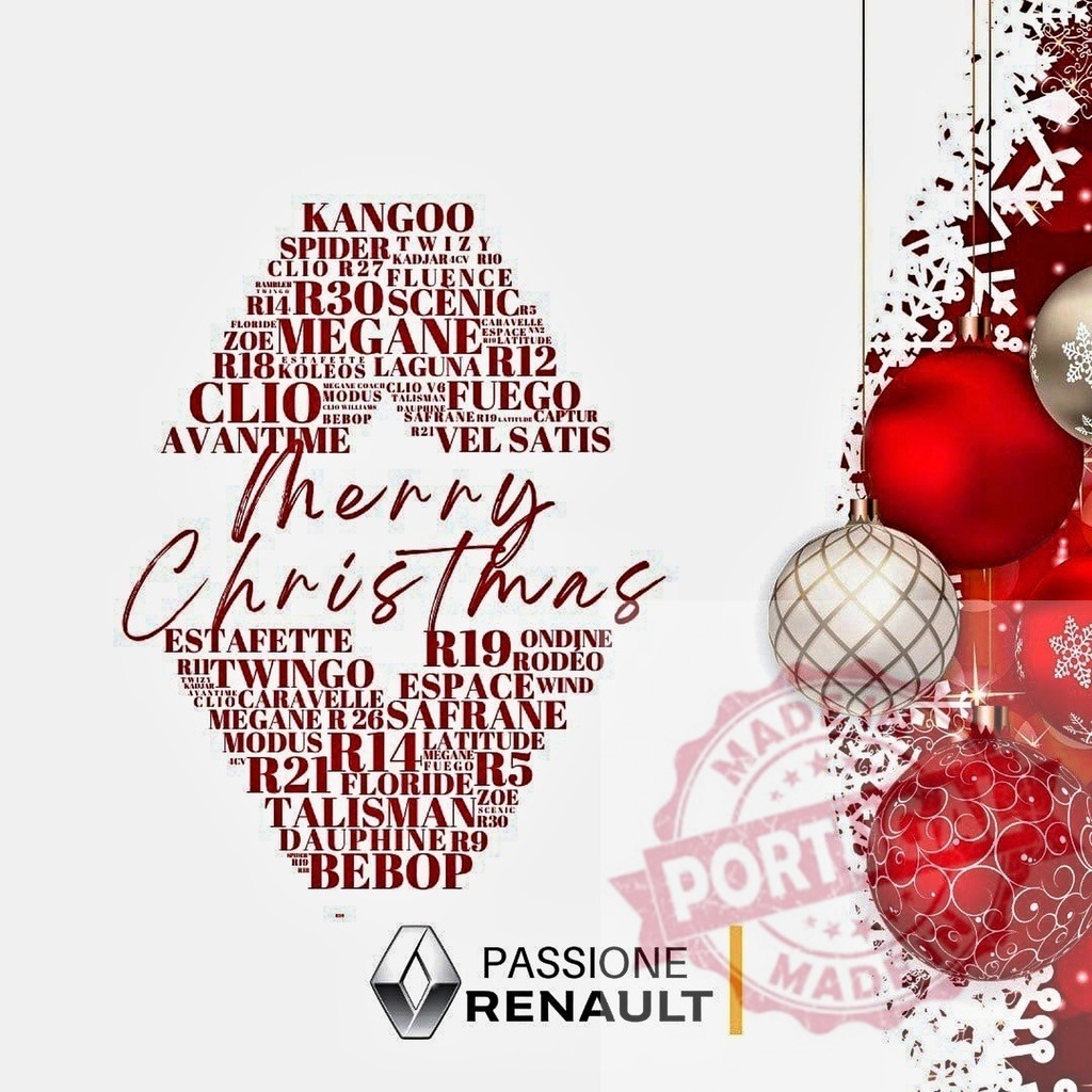 Renault car models forming Christmas tree word cloud | Renault car models forming a Christmas tree word cloud with festive ornaments and snowflakes - Realized with Pictrs.com