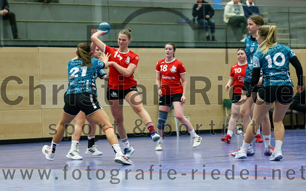 2022-11-27_089_SV_Anzing_gegen_HT_Muenchen_II | Anzing, Deutschland, 27.11.2022:
Handball, Bezirksliga 2022 / 2023, 7. Spieltag, SV Anzing gegen HT München II, Endergebnis: 28:32

Katharina Martin (HT München, #21), Elena Holzmann (SV Anzing, #14), Virag Varga (SV Anzing, #18), Helenea Klingshirn (HT München, #10)

Foto: Christian Riedel / fotografie-riedel.net
