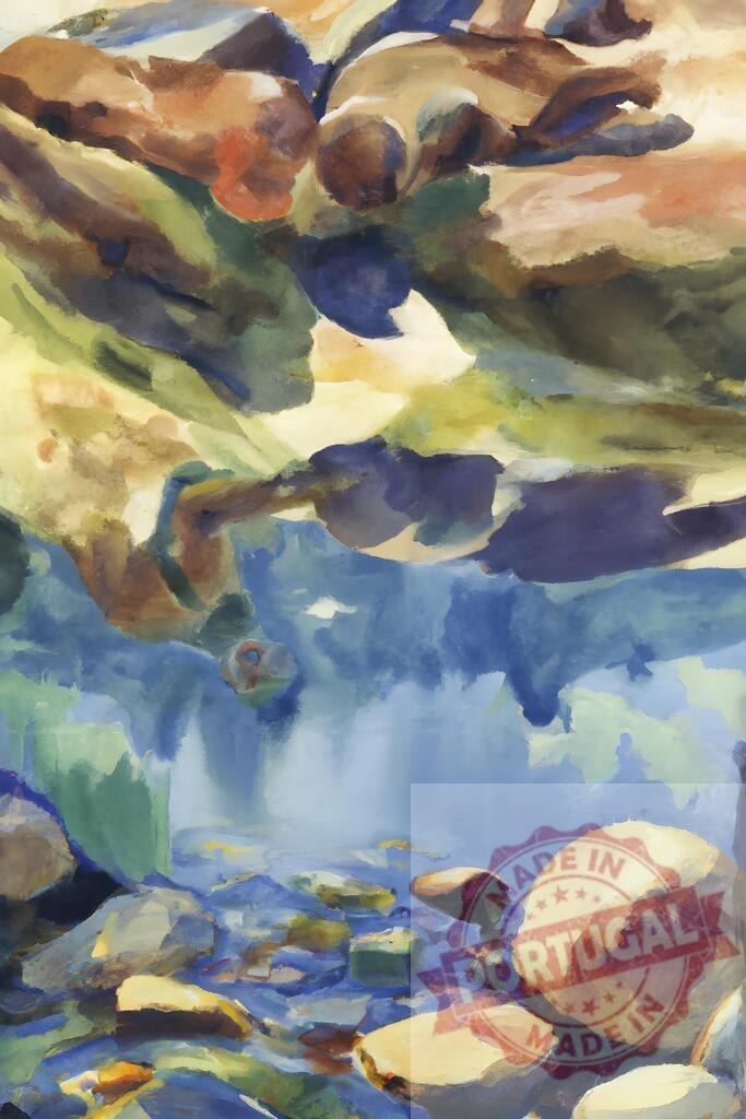 Abstract painting of a flowing river with reflections and rocks | Watercolor stream scene featuring rocks in clear water with abstract reflections - Realisiert mit Pictrs.com