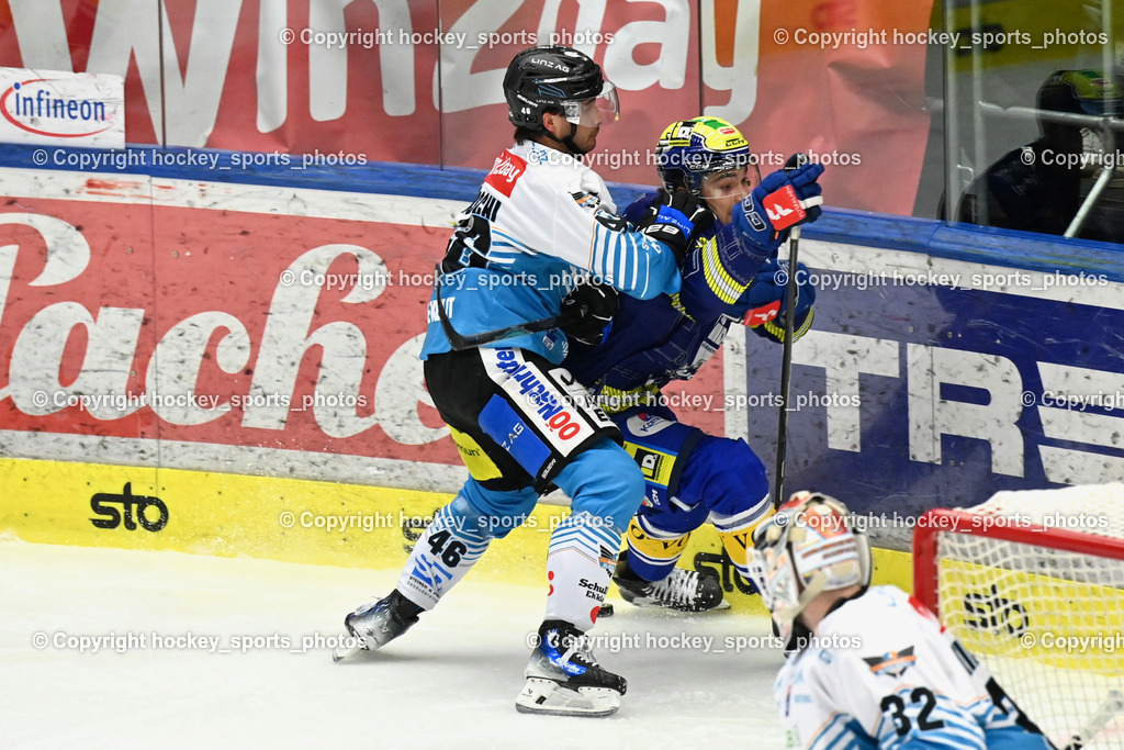 EC IDM WÄRMEPUMPEN VSV vs. Steinbach Black Wings Linz | #46 Niklas Andre Würschl Black Wings Linz, #14 Johannes Tschurnig EC VSV, EC IDM WÄRMEPUMPEN VSV vs. Steinbach Black Wings Linz, EC IDM WÄRMEPUMPEN VSV vs. Steinbach Black Wings Linz am 28.11.2025 in Villach (Stadthalle Villach), Austria, (Photo by Bernd Stefan)