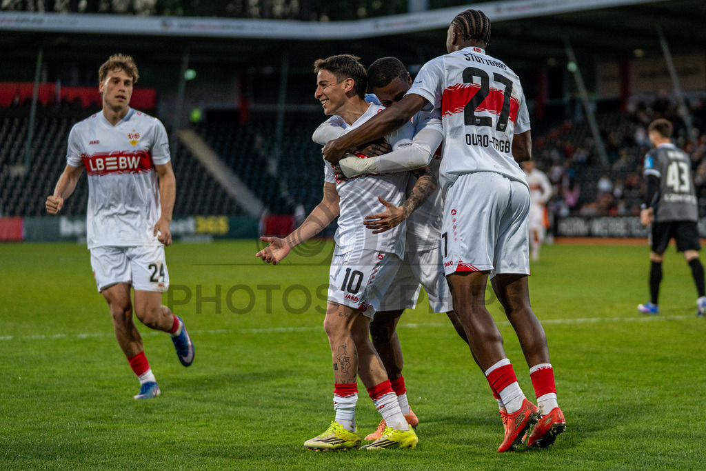 VfB Stuttgart II vs. SSV Ulm 1846 Fussball, Fussball, 3. Liga, 32. Spieltag, 08.04.2026 | Nicolas Sessa (VfB Stuttgart II, #10) jubelt nach seinem Treffer zum 1:0 mit Christopher Olivier (VfB Stuttgart II, #24), Mansour Ouro-Tagba (VfB Stuttgart II, #27) und Abdenego Nankishi (VfB Stuttgart II, #17),VfB Stuttgart II vs. SSV Ulm 1846 Fussball, Fussball, 3. Liga, 32. Spieltag, 08.04.2026DFB regulations prohibit any use of photographs as image sequences and/or quasi-video