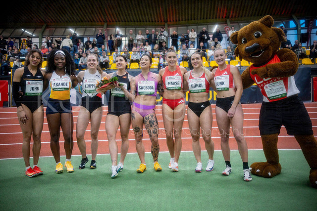 Indoor Meeting Dortmund, 08.02.2026 | DORTMUND, GERMANY - FEBRUARY 8:  The participants of the 60m final: Viola John (LG Brillux Münster), Mabel Akande (Großbritannien), Lotta Kemppinen (Finnland), Magdalena Stefanowicz (Polen), Ewa Swoboda (Polen), Rebekka Haase (Sprintteam Wetzlar), Céline Buergi (SUI ), Sophia Junk (LG Rhein-Wied) during the Indoor Meeting Dortmund at the Helmut-Koernig-Halle on February 8, 2026 in Dortmund, Germany. (Photo by Axel Kohring/Beautiful Sports Int.)