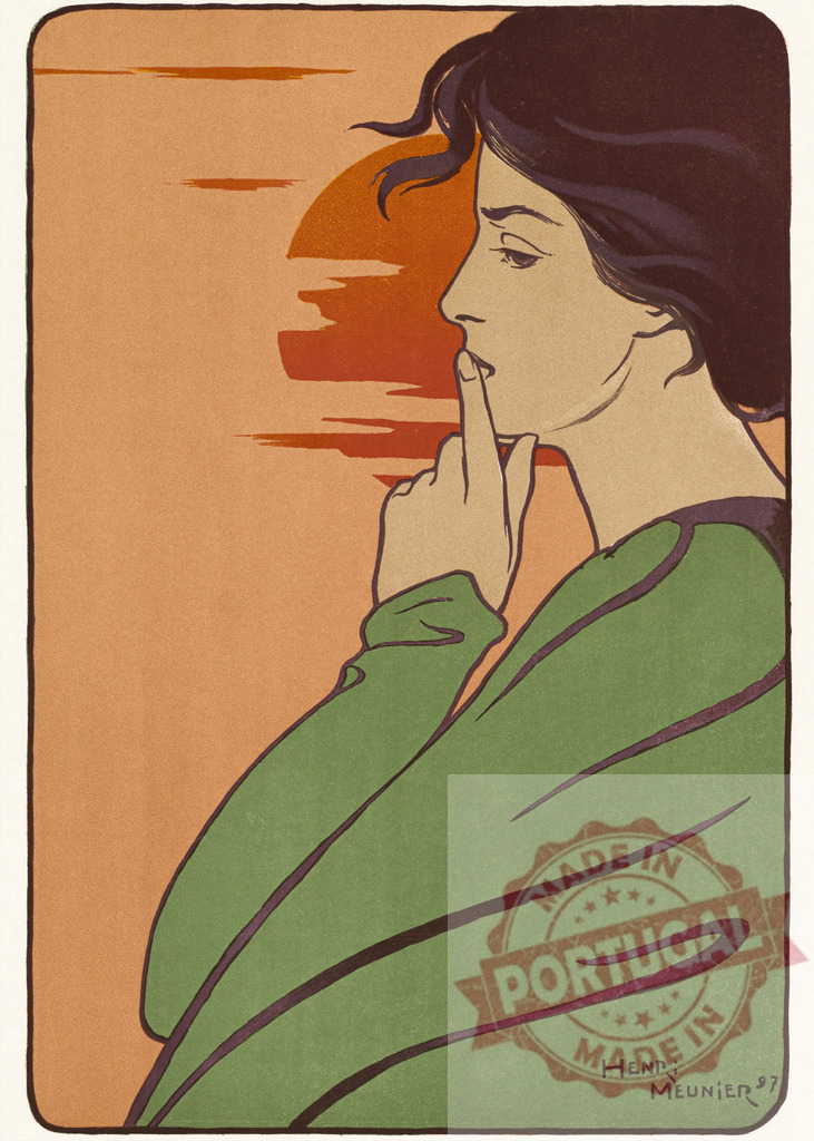 Pensive woman holding finger to lips during sunset, art nouveau illustration | Art nouveau illustration of a woman holding her finger to her lips, with a sunset in the background - Realisiert mit Pictrs.com