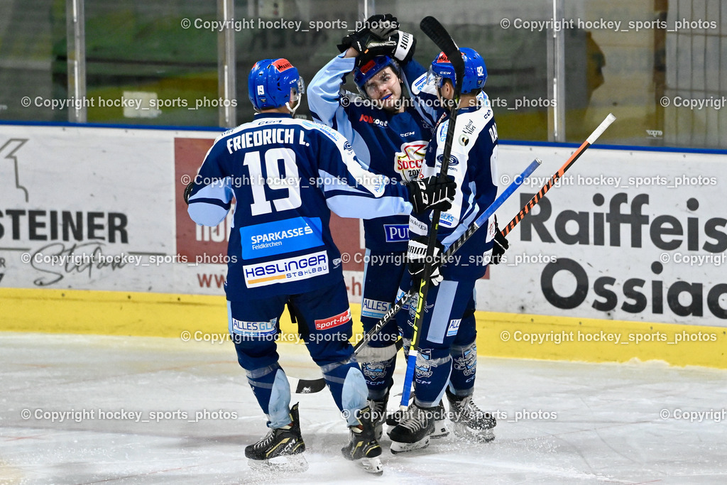 ESC Steindorf vs. EC Hornets Spittal 20.2.2024 | #19 Friedrich Lukas ESC Steindorf, #88 Groyer Fabian ESC Steindorf, #92 Ratz Patrick ESC Steindorf, ESC Steindorf vs. EC Hornets Spittal 20.2.2024, ESC Steindorf vs. EC Hornets Spittal 20.2.2024 am 20.02.2024 in Steindorf (Ossiachersee Halle), Austria, (Photo by Bernd Stefan)