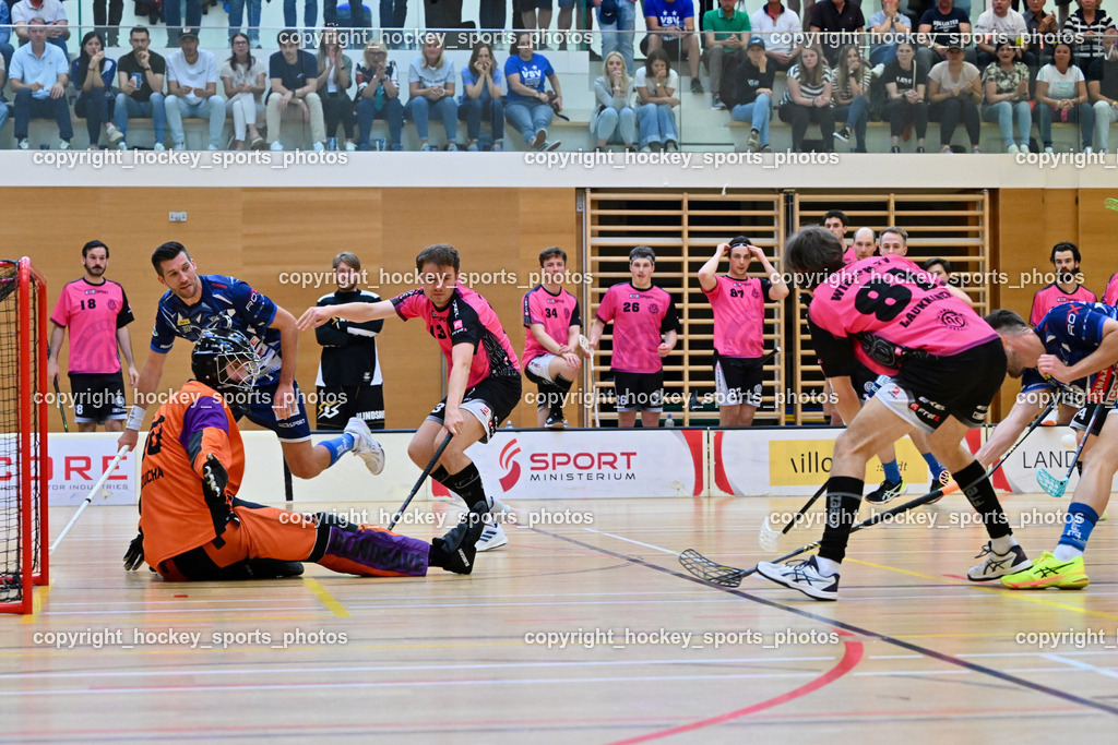 VSV Unihockey vs. Wiener Floorball Verein | #80 BEZUCHA Bernhard Wiener Floorballverein, #6 Timo Schmid VSV Unihockey, #13 HÄHNIG Vincent Wiener Floorballverein, #81 LAUKKANEN Jesse Wiener Floorballverein, VSV Unihockey vs. Wiener Floorball Verein, VSV Unihockey vs. Wiener Floorball Verein am 18.05.2025 in Villach (Ballspielhalle St. Martin), Austria, (Photo by Bernd Stefan)
