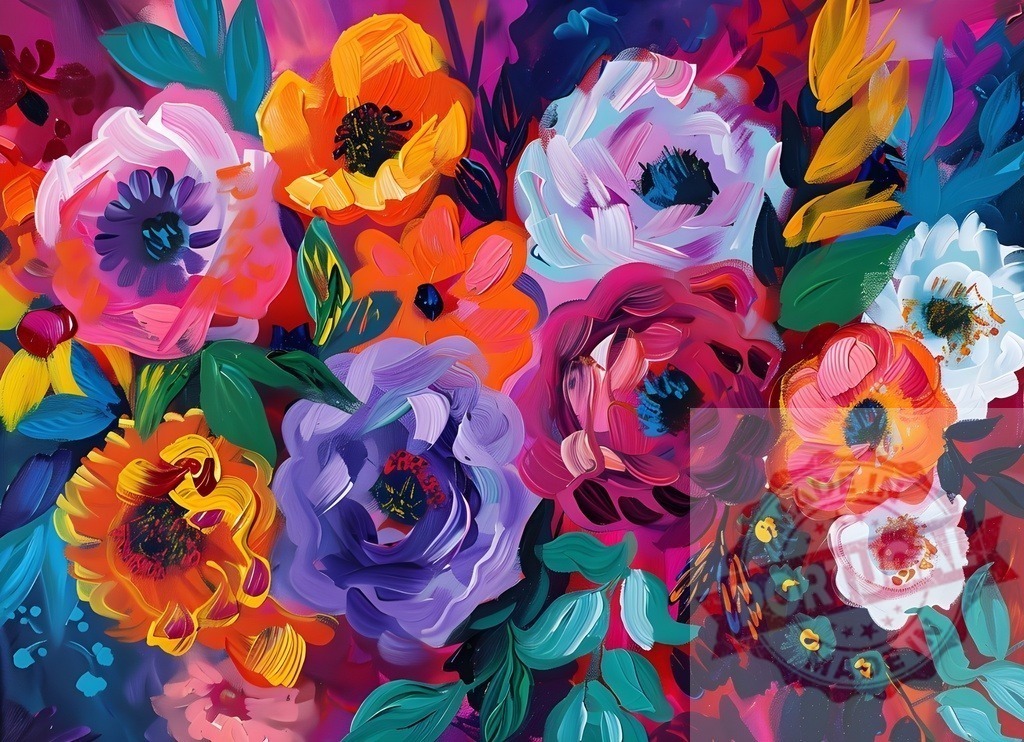 Abstract floral painting with vibrant colorful blossoms | Abstract flower painting showing vibrant blossoms and lush leaves in bold strokes - Realisiert mit Pictrs.com