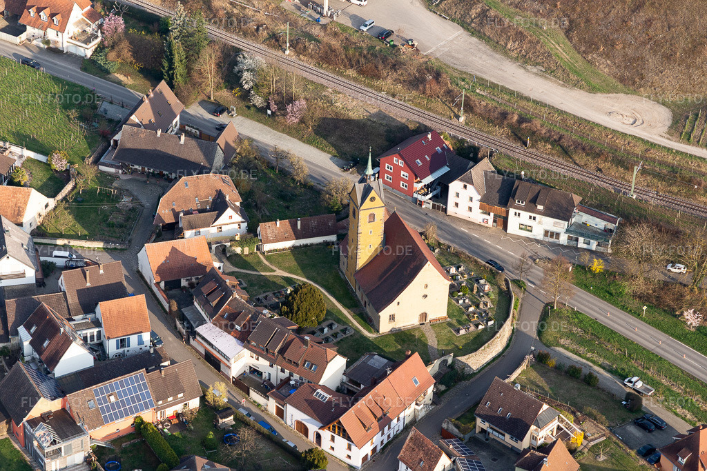 Luftbild: Kirchengebäude von St. Michael im Ortsteil Niederrotweil im Kaiserstuhl im Ortsteil Oberrotweil in Vogtsburg im Bundesland Baden-Württemberg in Deutschland. Foto: IMG_113163.jpg vom 22.03.2019 durch Werner Riehm/FLY-FOTO.de