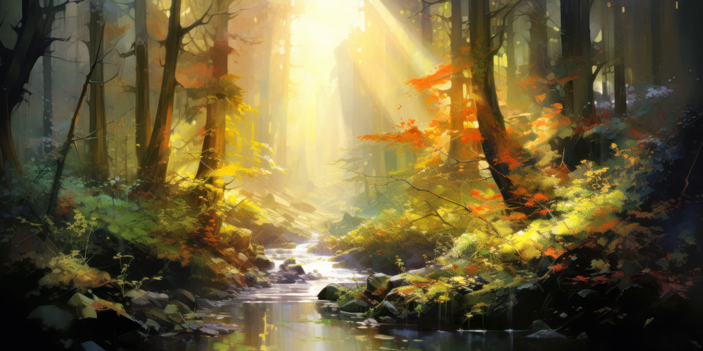 einfallendes sonnenlicht in einem herbstwald mit bachlauf wandbild auf leinwand acrylglas dibond poster | Moderne Wandbilder auf Leinwand, Acylglas, Alu-Dibond oder als Poster. Tauchen Sie ein in die Welt KI-generierter Kunstwerke - entdecken Sie hochwertige Kunstdrucke unserer Gemälde, Illustrationen und fotorealistischen Motive.
