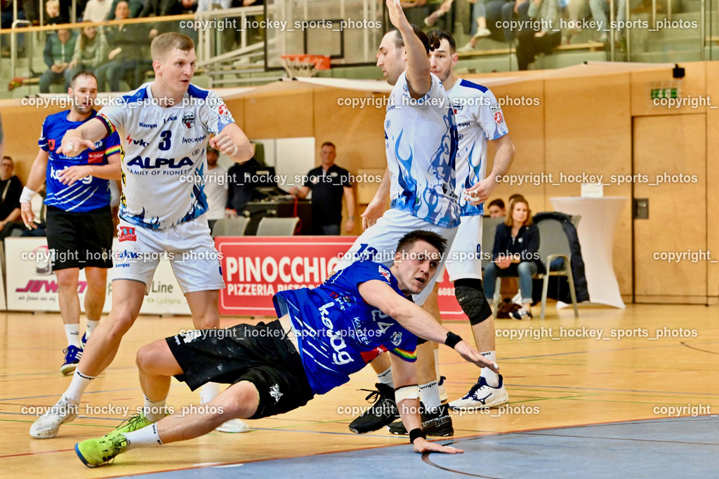 SC Ferlach vs. ALPLA HC Hard 2.3.2024 | #3 Antanavicius Karolis HC Hard, #24 JOVANOVIC Mladan SC Ferlach, #13 WÜSTNER Frederic HC Hard, SC Ferlach vs. ALPLA HC Hard 2.3.2024, SC Ferlach vs. ALPLA HC Hard am 02.03.2024 in Ferlach (Ballspielhalle Ferlach), Austria, (Photo by Bernd Stefan)