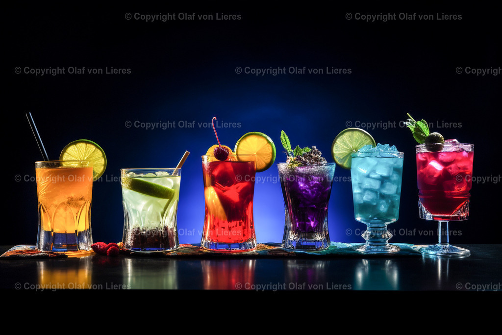 leuchtende bunte Cocktails | farbenfrohe Cocktailgläser aus schwarzem Hintergrund