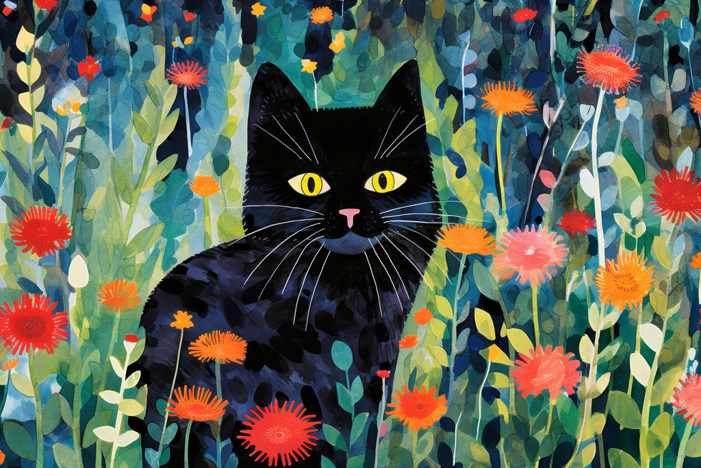 2401059 - Schwarze Katze auf einer Wiese | Moderne Wandbilder auf Leinwand, Acylglas, Alu-Dibond oder als Poster. Tauchen Sie ein in die Welt KI-generierter Kunstwerke - entdecken Sie hochwertige Kunstdrucke unserer Gemälde, Illustrationen und fotorealistischen Motive.