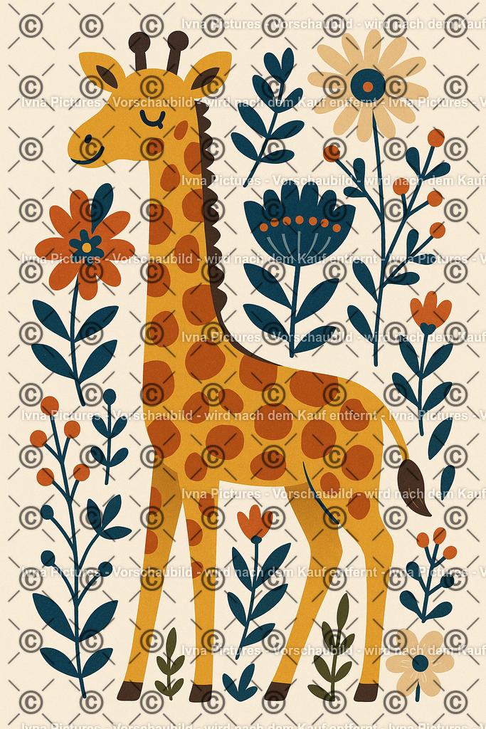 Sommertraum der Giraffe | Eine freundliche Giraffe steht entspannt zwischen farbenfrohen Blumen. Der verspielte, skandinavische Illustrationsstil verleiht der Szene eine warme, fröhliche Leichtigkeit – perfekt für Kinderzimmer und gute Laune. - Realisiert mit Pictrs.com