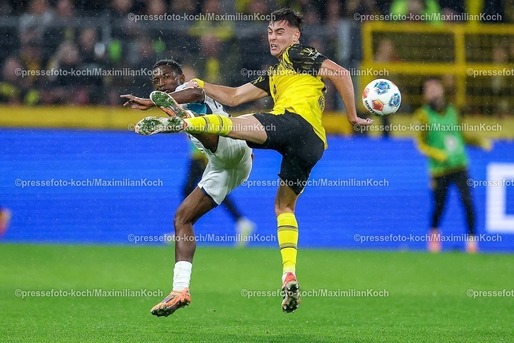 BVB07122501030 | 07.12.2025, Fußball, Borussia Dortmund - TSG 1899 Hoffenheimt, 1. Fußball Bundesliga, 13. Spieltag, Signal Iduna Park, Saison 2025 2026: Bazoumana Touré&nbsp;(TSG Hoffenheim #29) im Zweikampf gegen  Aaron Anselmino&nbsp;(BVB #28)  DFB regulations prohibit any use of photographs as image sequences and or quasi-video.