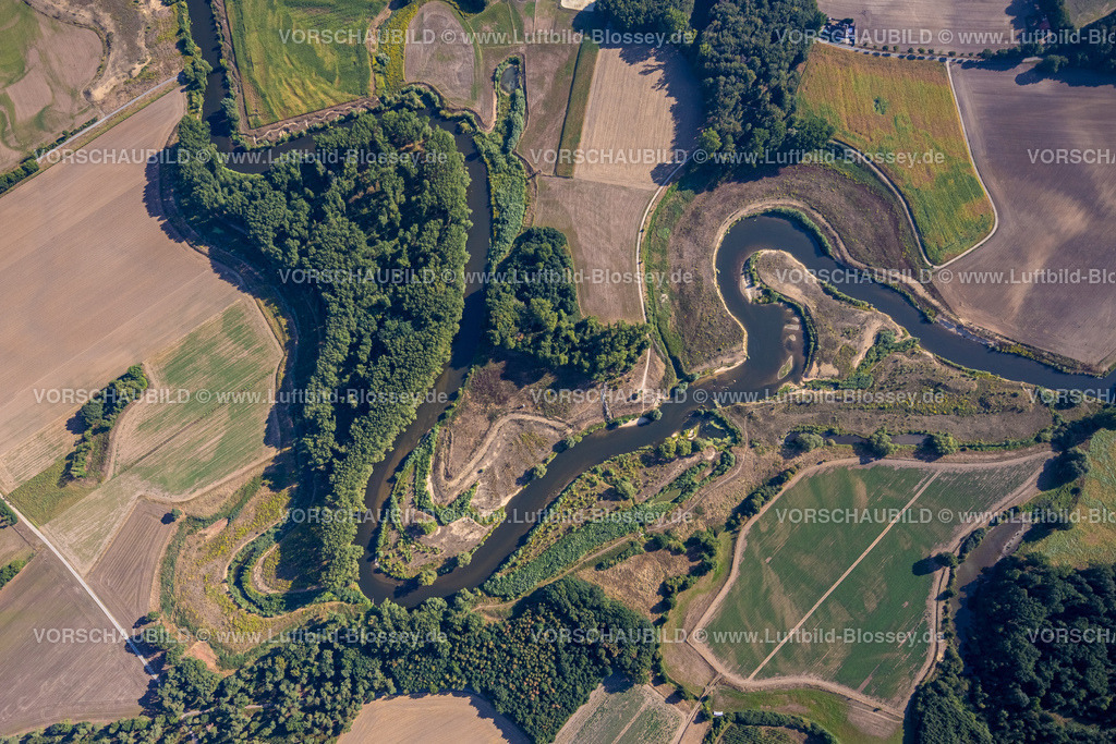 Olfen220805897LippeVogelsang | Luftbild, Fluss Lippe Mäander, Lippeschleife, Fluss- und Auenentwicklung der Lippe Vogelsang, Renaturierung, Stadtgrenze Olfen-Datteln, Olfen-Kirchspiel, Olfen, Ruhrgebiet, Nordrhein-Westfalen, Deutschland