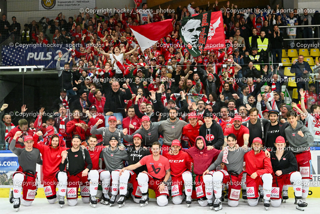 EC IDM Wärmepumpen VSV vs. EC KAC 17.3.2023 | Jubel EC KAC Mannschaft mit EC KAC Fans