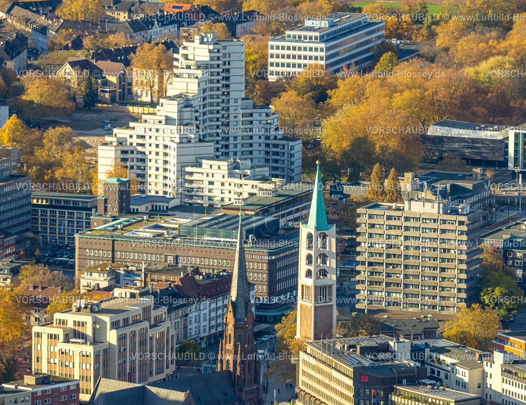 Gelsenkirchen251103039 | Luftbild, Altstadtkirche und Probsteikirche St. Augustinus am Heinrich-König-Platz, Blick zum City-Hochhaus, Altstadt, Gelsenkirchen, Ruhrgebiet, Nordrhein-Westfalen, Deutschland