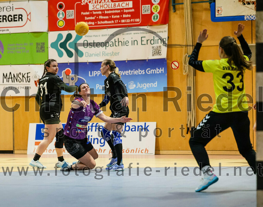 2024-02-10_116_SpVgg_Altenerding_gegen_SVA_Palzing | Erding, Deutschland, 10.02.2024:
Handball, Bezirksoberliga Frauen Altbayern 2023 / 2024, 14. Spieltag, SpVgg Altenerding gegen SVA Palzing, Endergebnis: 27:28

Daniela Huber (SVA Palzing, #31), Janina Konrad (SpVgg Altenerding, #2), Charlene Pötzl (SVA Palzing, #3), Torfrau Sandra Huber (SVA Palzing, #33)

Foto: Christian Riedel / fotografie-riedel.net