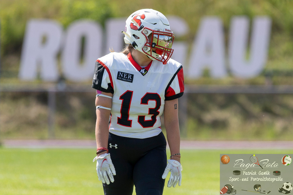 GFLW 1: German Football League Women 1: Rodgau Pioneers Ladies - Stuttgart Scorpions Sisters, 07.06.2026 | Nova Miranda Annica Semler (Stuttgart Scorpions Sisters #13), Freisteller, Portrait / Porträt, Rodgau Pioneers Ladies - Stuttgart Scorpions Sisters, Rodgau, Maingau-Energie-Stadion "Am Weichsee", 7.6.2026 - Realisiert mit Pictrs.com