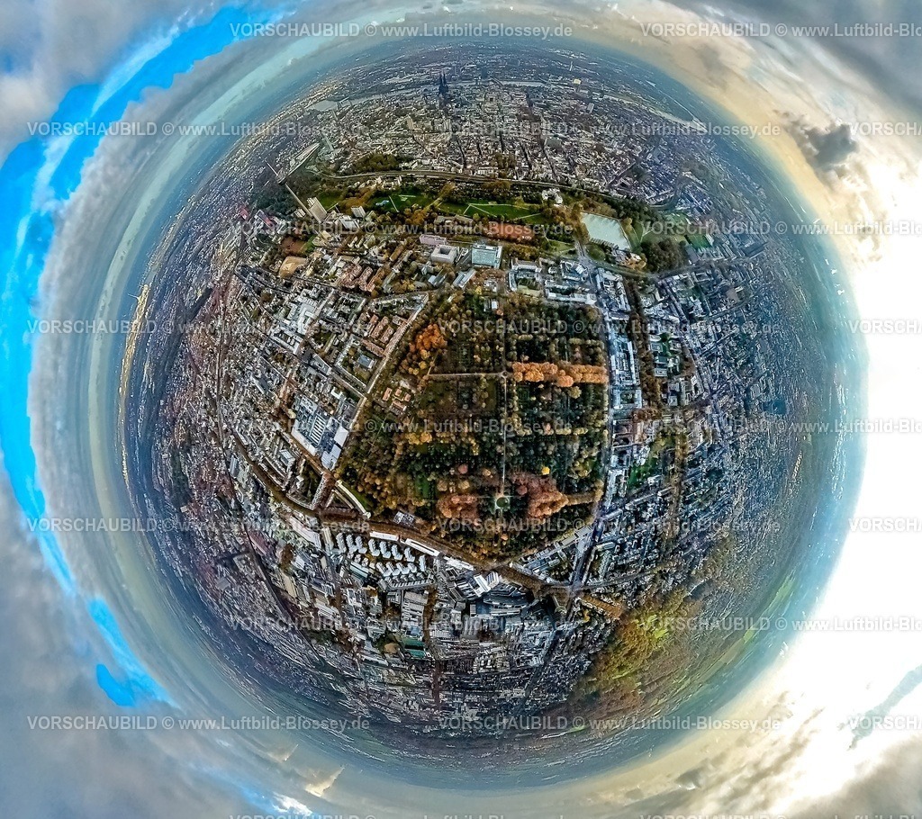Koeln231190013Melaten-Friedhof-topaz | Luftbild, Melaten-Friedhof umgeben von herbstlichen Laubbäumen, Innerer Grüngürtel Park, Erdkugel, Fisheye Aufnahme, Fischaugen Aufnahme, 360 Grad Aufnahme, tiny world, little planet, fisheye Bild, Lindenthal, Köln, Rheinland, Nordrhein-Westfalen, Deutschland