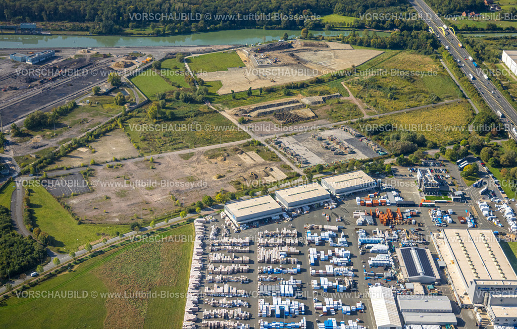 Hamm250900852 | Luftbild, Baustelle zwischen Geithe und Siegenbeckstraße, Rückbau am Hafen Baugebiet Geithe am Datteln-Hamm Kanal am RWE Kraftwerk Westfalen, Funke Kunststoffe GmbH Werk und angedachte Autobahn A2 Anschlussstelle Siegenbeckstraße, Uentrop, Hamm, Ruhrgebiet, Nordrhein-Westfalen, Deutschland