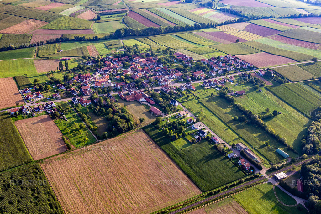 Luftbild: Ortsansicht von Süden in Hoffen im Bundesland Bas-Rhin in Frankreich. Foto: IMG_138094.jpg vom 19.08.2023 durch Werner Riehm/FLY-FOTO.de