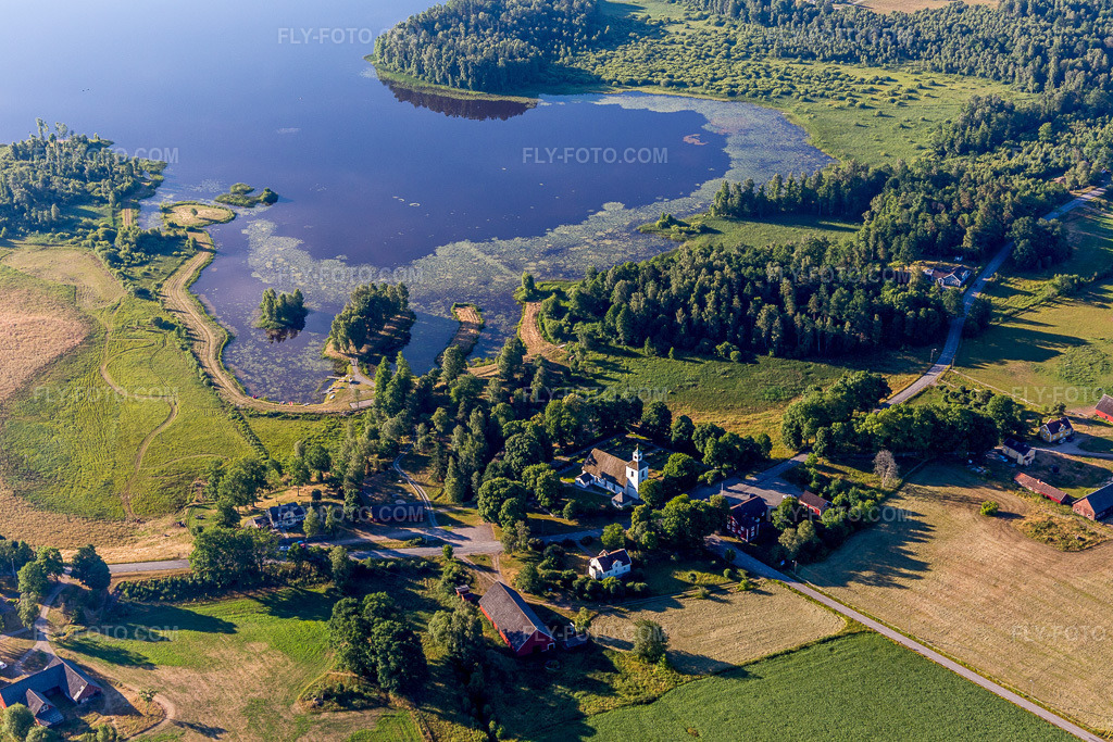 Aerial view: Water lilies in the moor-colored Salen Lake near Blädinge kyrka in Småland in Blädinge in the state Kronoberg, Sweden.Photo: IMG_108114.jpg taken on 06/28/2018 by Werner Riehm/FLY-FOTO.comResolution of the original: 5472 x 3648 px