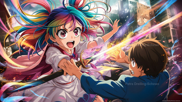 Anime Kämpfer | AI-generierte Kampfszene im Anime-Stil.  Download.Kopien, Weitergabe an Dritte oder Verkauf der Datei ist untersagt. - Realisiert mit Pictrs.com