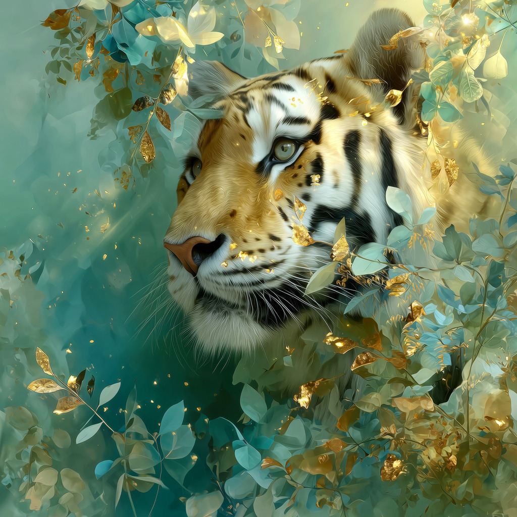 2603006 - Tiger Traum | Ein Tiger in einer verträumten floralen golden schimmernden Welt.
