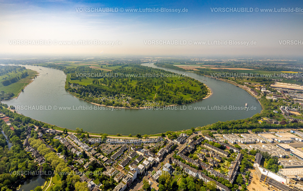 Duesseldorf240501475 | Luftbild, Fluss Rhein Rheinbogen und Rheinufer, Zonser Grind Waldgebiet Wiesen und Felder, Rheinblick am Zonser Grind Campingplatz, Holthausen, Düsseldorf, Rheinland, Nordrhein-Westfalen, Deutschland
