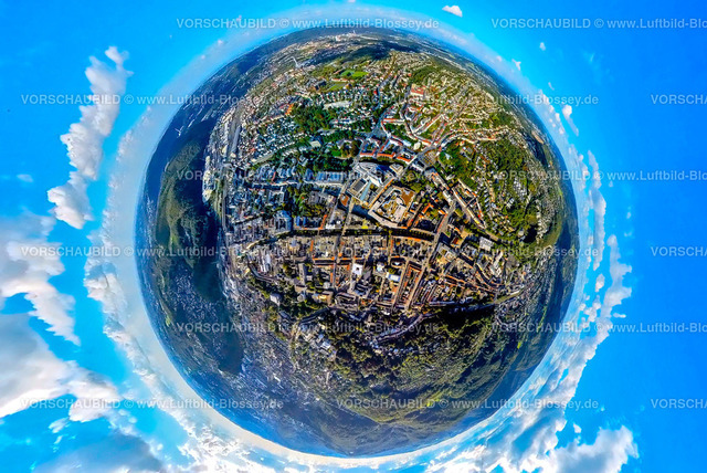 Hagen241090062Mitte | Luftbild, City Innenstadt mit Rathaus und Volme Galerie Einkaufszentrum, Erdkugel, Fisheye Aufnahme, Fischaugen Aufnahme, 360 Grad Aufnahme, tiny world, little planet, fisheye Bild, Mittelstadt, Hagen, Ruhrgebiet, Nordrhein-Westfalen, Deutschland