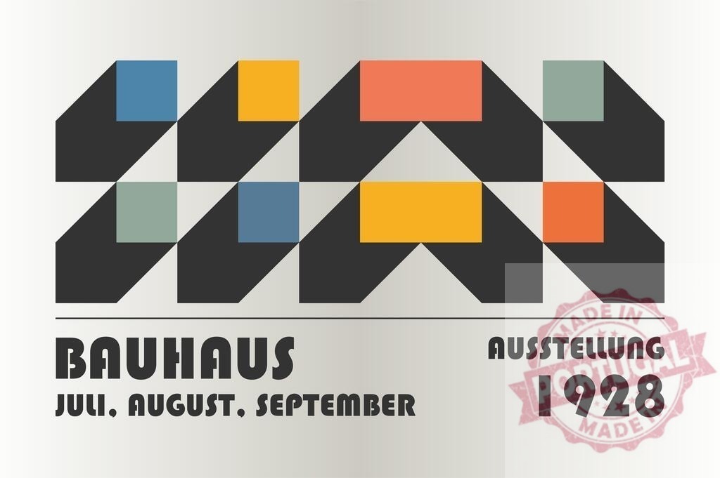 Bauhaus Ausstellung 1928 modern geometric advertising poster design | Bauhaus exhibition poster featuring abstract geometric shapes and bold typography from 1928 - Realisiert mit Pictrs.com