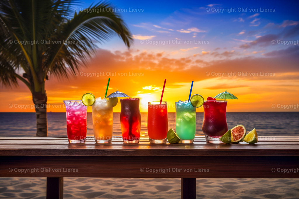 Wandbild Cocktails Sonnenuntergang | bunte Cocktails am Meer mit Strand