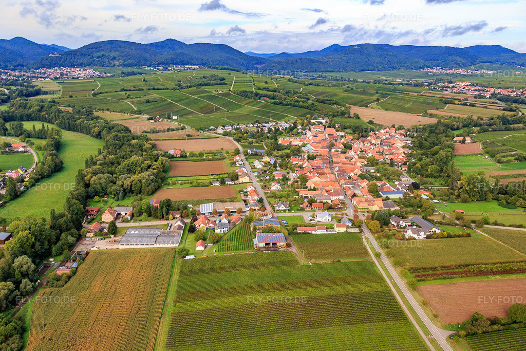 Luftbild: Ortsansicht aus Osten im Ortsteil Klingen in Heuchelheim-Klingen im Bundesland Rheinland-Pfalz in Deutschland. Foto: IMG_072705.jpg vom 19.09.2014 durch Werner Riehm/FLY-FOTO.deAuflösung des Originals: 5472 x 3648 px