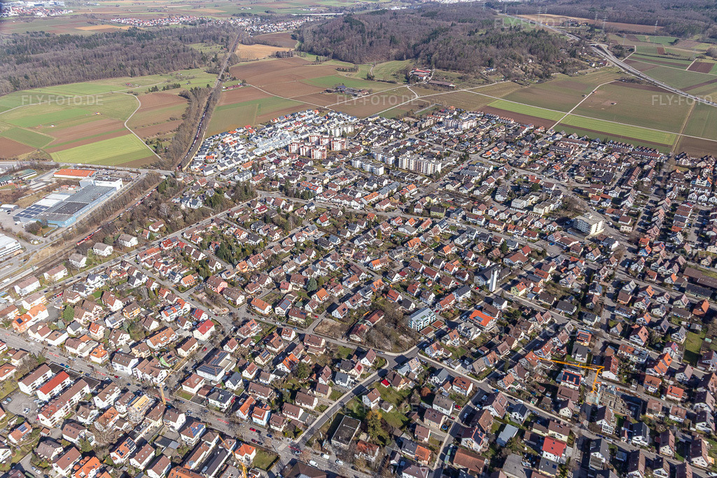 Luftbild: Ortsübersicht aus Westen in Renningen im Bundesland Baden-Württemberg in Deutschland. Foto: IMG_124988.jpg vom 20.02.2021 durch Werner Riehm/FLY-FOTO.de