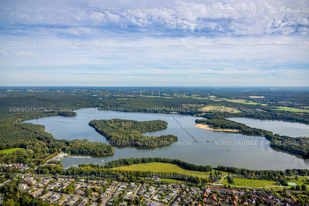 Haltern230905754 | Luftbild, Halterner Stausee, Insel Overrath, Hafen und Segelclub, Seeblick Restaurant, Haltern-Stadt, Haltern am See, Ruhrgebiet Münsterland, Nordrhein-Westfalen, Deutschland
