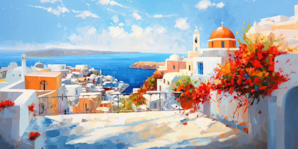 2308059 - Santorin | Modernes Wandbild der griechischen Insel Santorin, das wie ein Gemälde wirkt.