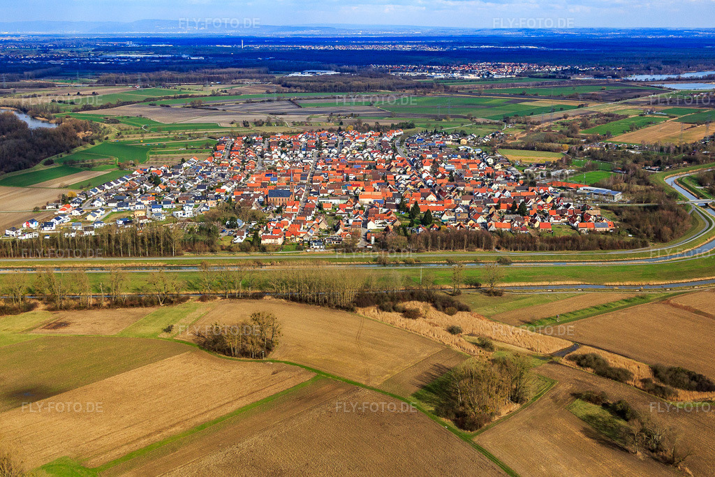 Luftbild: Ortsansicht von Südwesten im Ortsteil Rußheim in Dettenheim im Bundesland Baden-Württemberg in Deutschland. Foto: IMG_086207.jpg vom 26.02.2016 durch Werner Riehm/FLY-FOTO.de
