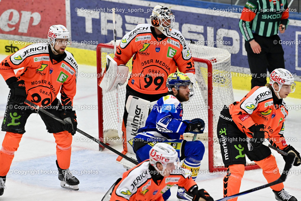 EC IDM WÄRMEPUMPEN VSV vs. MOSER MEDICAL GRAZ99ERS | #40 Tim Luca Harnisch Graz 99ers, #33 Maxime Lagacé Graz 99ers, #18 Paul Stapelfeldt Graz 99ers, #8 Maximilian Rebernig EC VSV, EC IDM WÄRMEPUMPEN VSV vs. MOSER MEDICAL GRAZ99ERS, EC IDM WÄRMEPUMPEN VSV vs. MOSER MEDICAL GRAZ99ERS am 17.03.2026 in Villach (Stadthalle Villach), Austria, (Photo by Bernd Stefan)