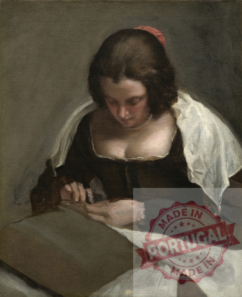 Diego Velazquez Woman sewing with concentration, a classic oil painting | Woman intently stitching fabric, depicting domesticity and focus in a historical art style - Realized with Pictrs.com