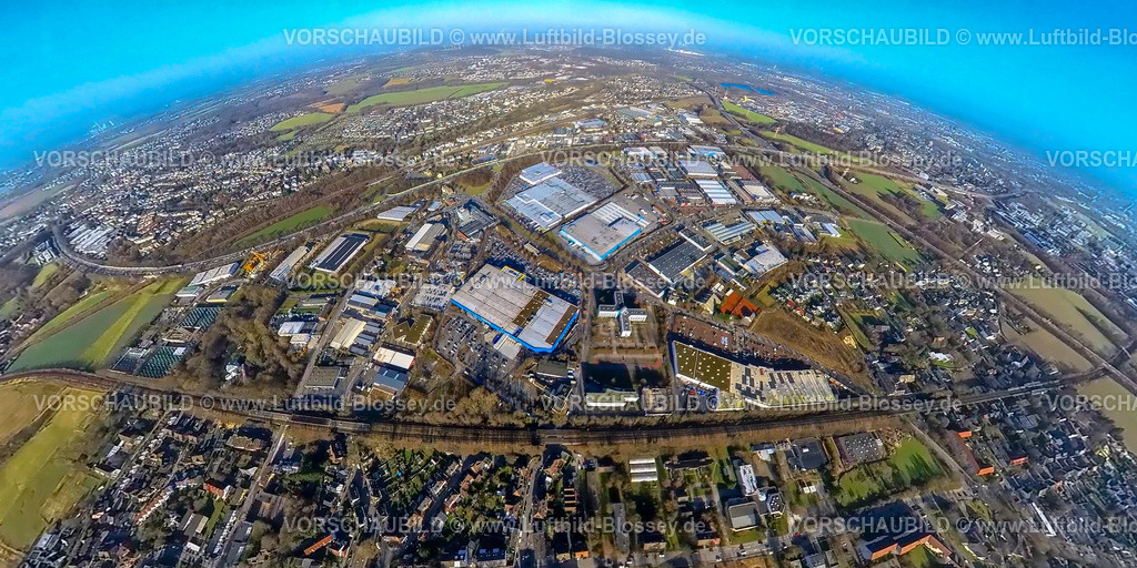 Dortmund240190028GewerbeparkKleyA40 | Luftbild, Gewerbepark Kley Gewerbegebiet Indupark an der BAB Autobahn A40, Erdkugel, Fisheye Aufnahme, Fischaugen Aufnahme, 360 Grad Aufnahme, tiny world, little planet, fisheye Bild, Oespel, Dortmund, Ruhrgebiet, Nordrhein-Westfalen, Deutschland