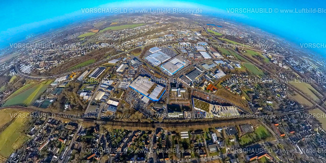 Dortmund240190028GewerbeparkKleyA40 | Luftbild, Gewerbepark Kley Gewerbegebiet Indupark an der BAB Autobahn A40, Erdkugel, Fisheye Aufnahme, Fischaugen Aufnahme, 360 Grad Aufnahme, tiny world, little planet, fisheye Bild, Oespel, Dortmund, Ruhrgebiet, Nordrhein-Westfalen, Deutschland